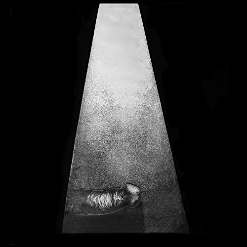 A black and white image of a textured, light-filled trapezoid against a black background.