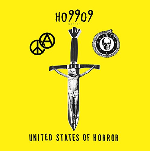 "Album cover with crucified Jesus on a dagger, against a bright yellow background."