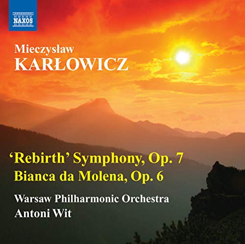 CD cover for Karlowicz’s ‘Rebirth’ Symphony, featuring a sunset landscape.