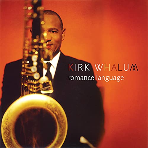 Kirk Whalum portrait with saxophone, album cover for "Romance Language.