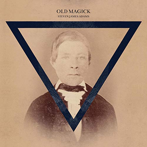 Vintage portrait of a man inside a dark blue triangle on tan.