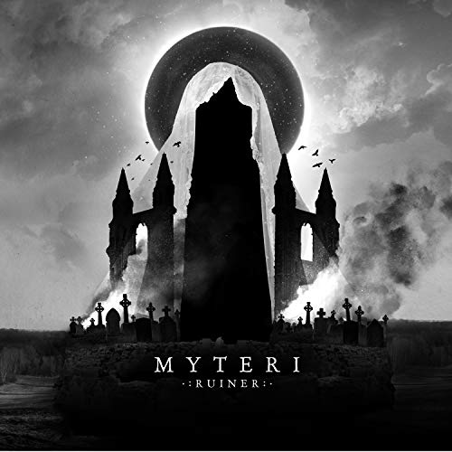 Dark gothic castle and graveyard scene with a large moon above.