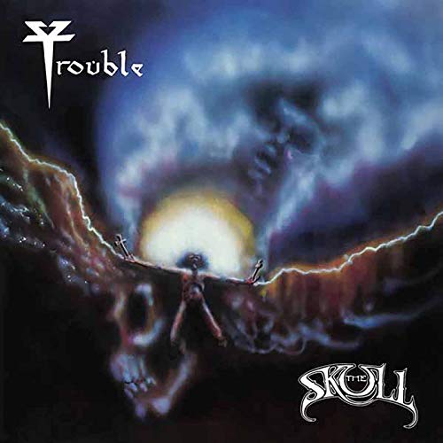 Dark album cover featuring a winged figure against a skull and stormy sky.
