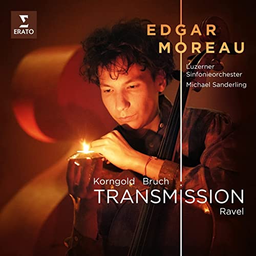 Cellist Edgar Moreau with a cello and lit candle, album cover.