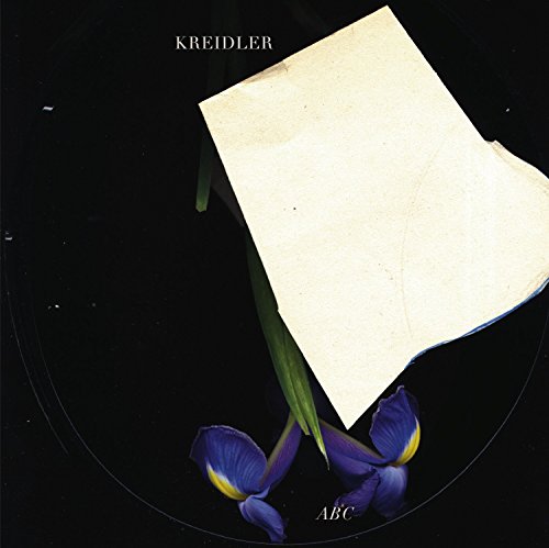 "Black vinyl record cover with purple iris flowers and white paper."
