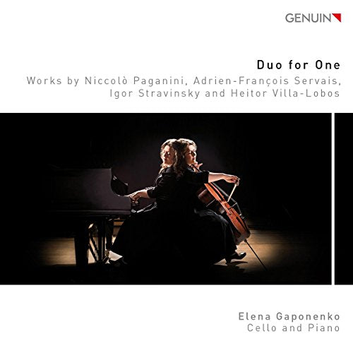 "Elena Gaponenko playing cello beside a piano on a CD cover."