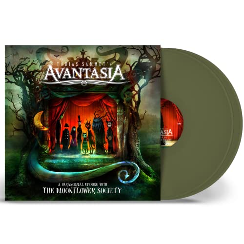 AlbumHedge-greenCrescent moon and spooky figures on album cover next to olive greenCrescent moonL green vinyl.