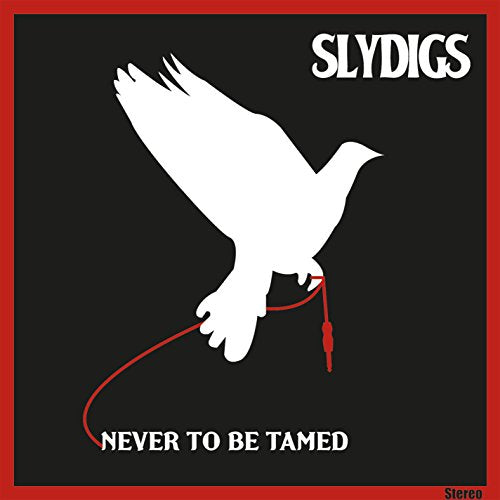 "Album cover with white dove on leash against a black background with red border."