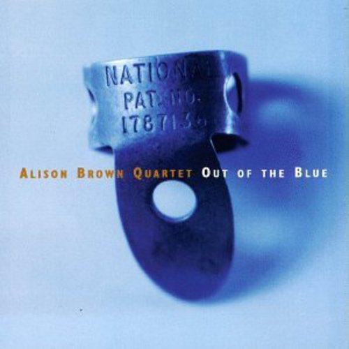 "CD cover with blue metal object and text 'Alison Brown Quartet Out of the Blue'."