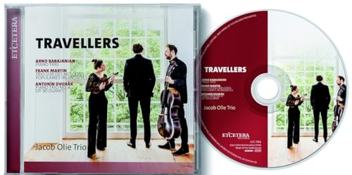 CD case and disc for “Travellers” by Jacob Olie Trio, featuring musicians.