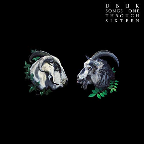 "CD cover with two goat heads and leaves on a black background."