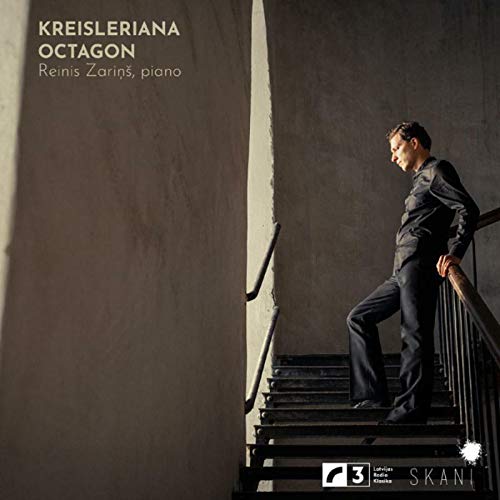 Man in dark attire on stairs, album cover for "Kreisleriana. Octagon" by Reinis Zarins.