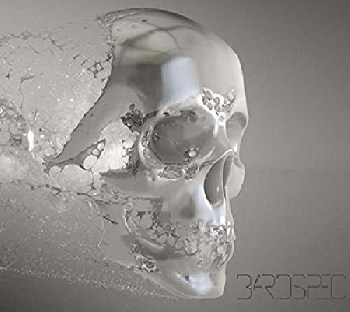 Silver, fractured human skull with bubbling, liquid effect.