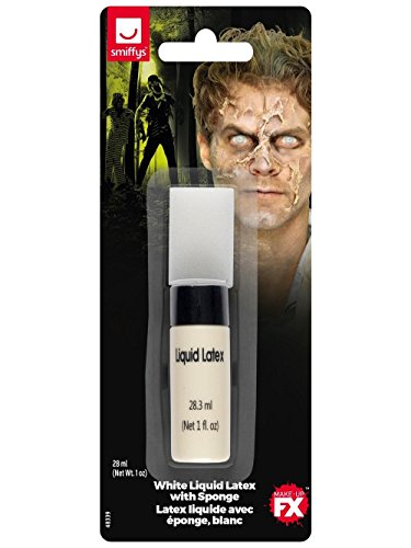 "Packaged liquid latex with sponge, featuring a bottle and man with wounds on cardboard."