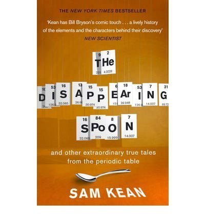 The image is a book cover featuring a silver spoon and periodic table tiles.
