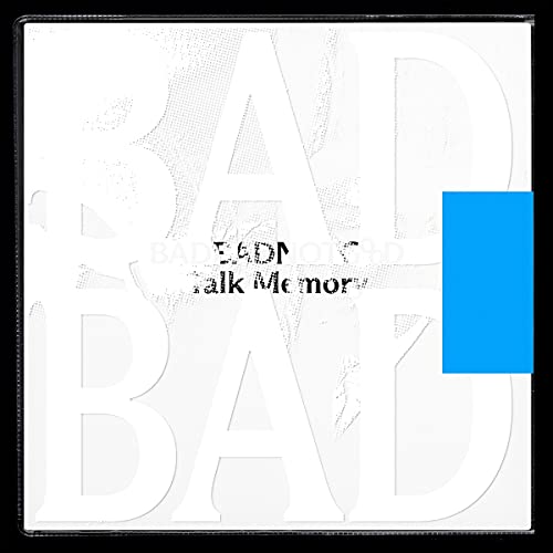 White vinyl album cover with large white text, a blue rectangle, and black text.
