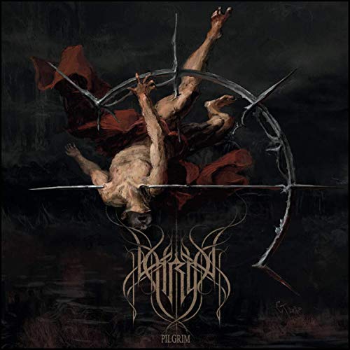"Album cover art: a man pierced by arrows, with red cloth and dark background."