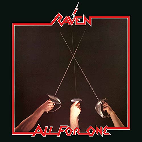 Album cover: "Raven - All For One" featuring crossed fencing swords.