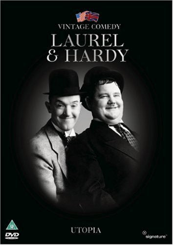 Laurel and Hardy in suits and hats, DVD cover for “Utopia”.