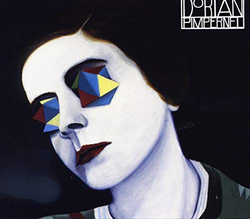 A woman's face with geometric shapes over her eyes, on a black background.