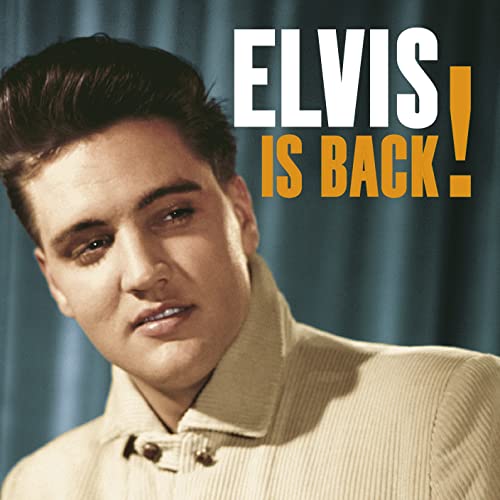 Elvis Presley portrait against a blue curtain with the text Elvis Is Back!