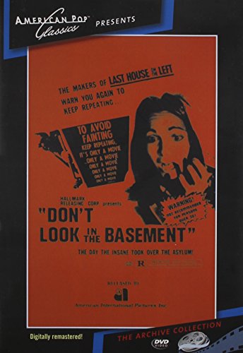 DVD cover for horror film “Don’t Look In The Basement” with a frightened woman.