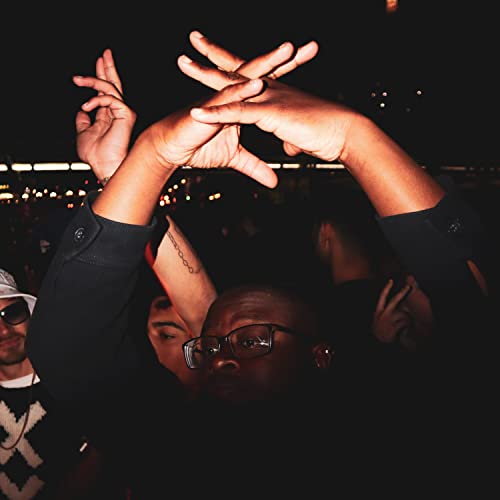 Arms raised in a crowd, faces visible in the blurred background.