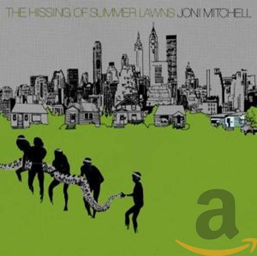 Joni Mitchell album cover: green landscape with city skyline and figures.