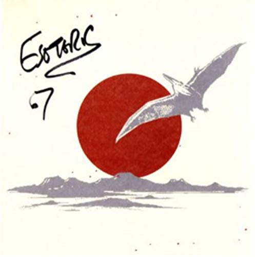 A pterodactyl flies over a red sun and distant mountains on a cream background.