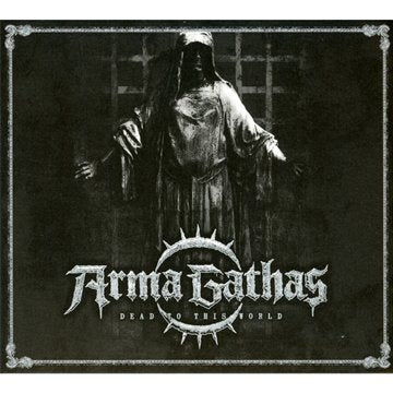 "Album cover with a hooded figure and spiked circle, dark, grungy design."