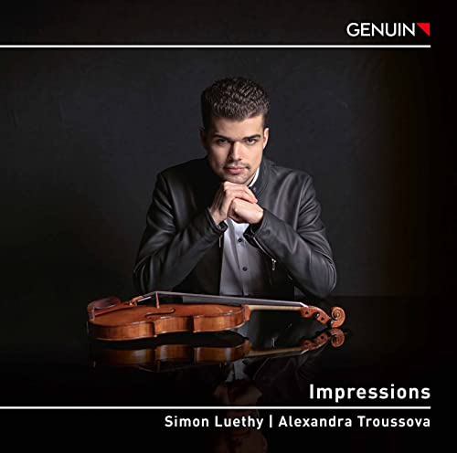 Violinist Simon Luethy on CD cover, with violin and text "Impressions".