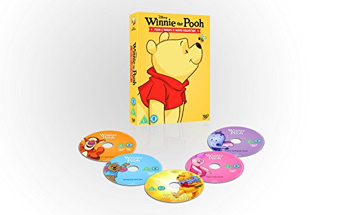 "Yellow DVD case with Winnie the Pooh and five colored DVDs."