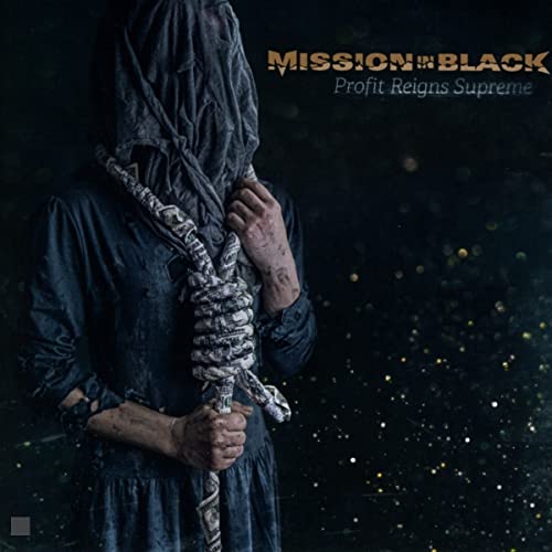 Figure in dark clothing and rope, album cover for Mission in Black.
