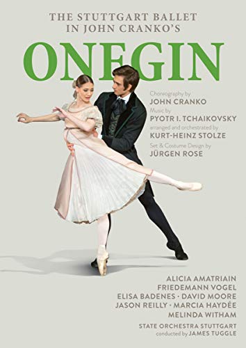 "DVD cover featuring ballet dancers in a graceful pose, with green title 'Onegin'."