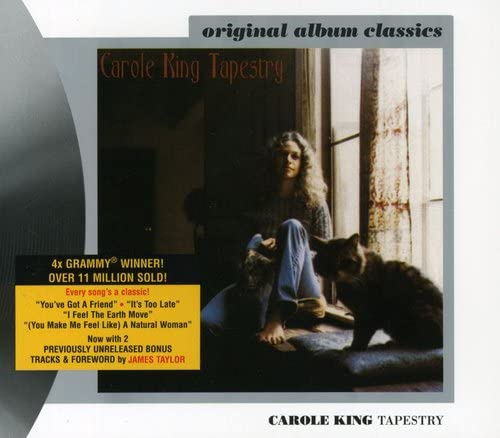 Carole King's "Tapestry" CD cover with a woman and two cats.