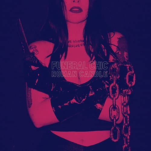 Woman with tattoos holds a roman candle, chains, pink and purple tones.