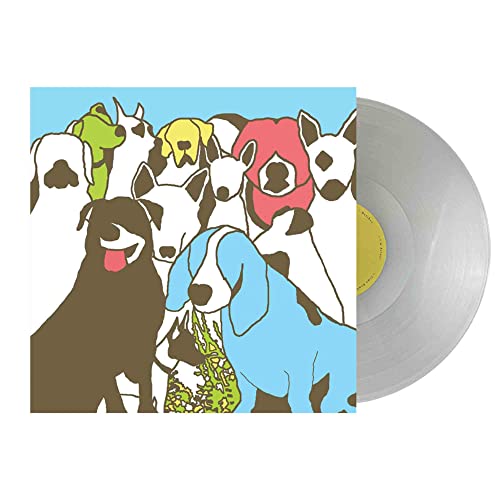 Album cover illustration of many colorful dogs next to a milky clear vinyl record.