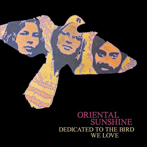"CD cover featuring a bird-shaped cutout with three faces on a black background."