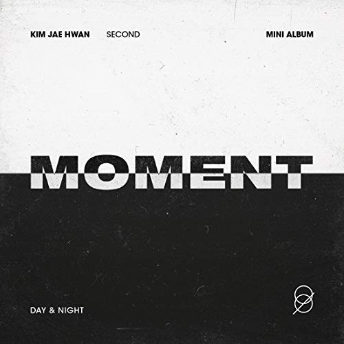 "Album cover with 'MOMENT' in large black and white text on a split background."