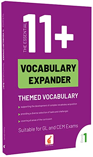 The image depicts a purple book cover with a green and white title. Alt text: Purple book cover with "11+ Vocabulary Expander" in white and black text.