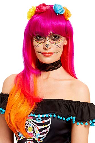 Smiffys 61119 Day of The Dead Wig, Women, Pink & Orange