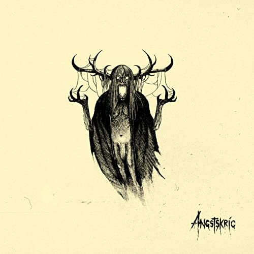 Black and white sketch of a horned, spectral figure with outstretched arms.