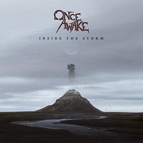 "Album cover with a dark, stormy landscape and a spaceship above a mountain."