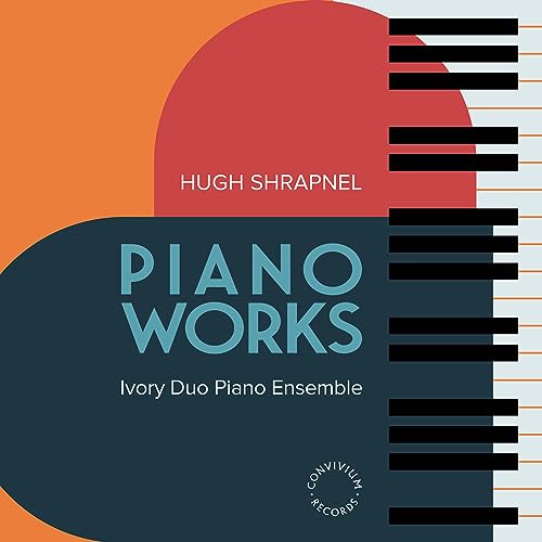 CD cover for Hugh Shrapnel’s “Piano Works” with abstract piano keys design.