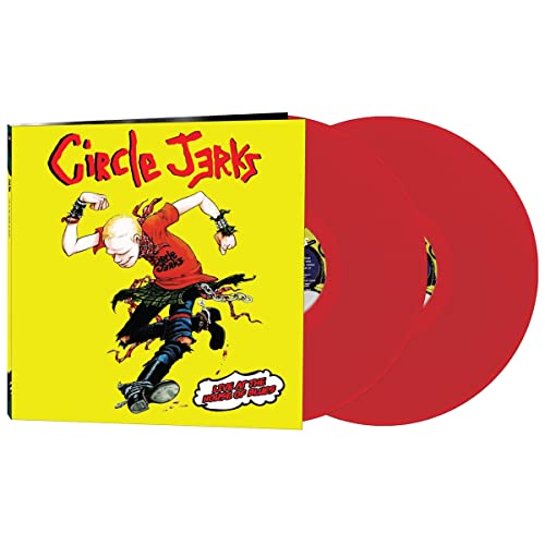 Yellow album cover with cartoon and two red vinyl records.