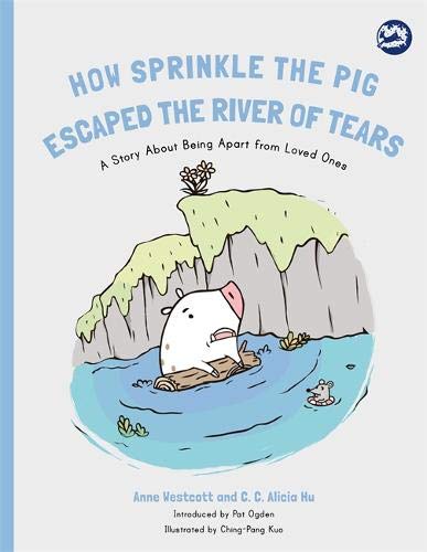 "Children's book cover featuring a cartoon pig on a log in a river."
