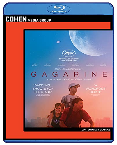 Gagarine" Blu-ray cover featuring a man looking up at the moon and buildings.
