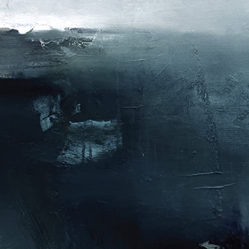 Dark abstract painting with textured brushstrokes, shades of blue and gray.