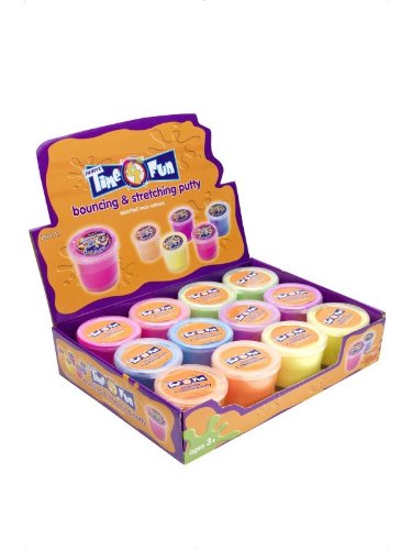Five small, colorful plastic containers filled with putty, arranged in a loose circle.