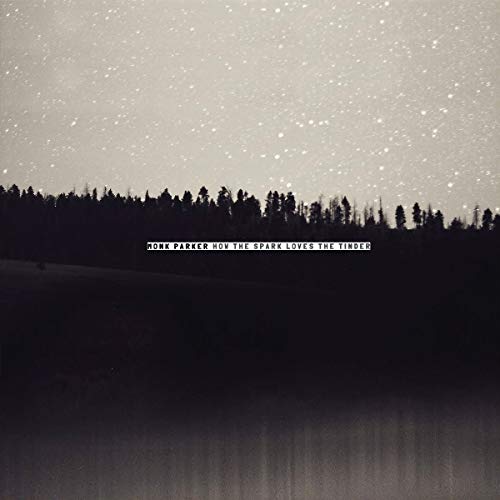 A starry night sky over a dark forest and lake with centered white text.